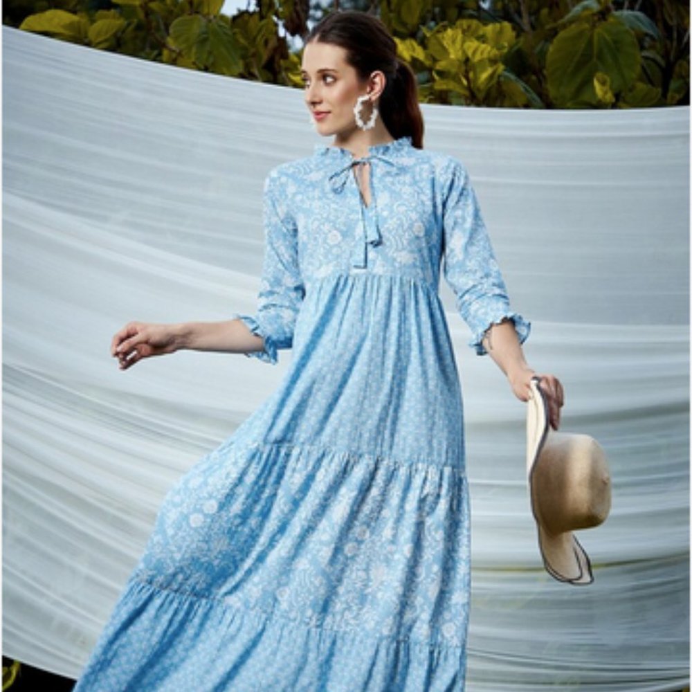 Floral Tie-Up Neck Cotton Ethnic Maxi Dress